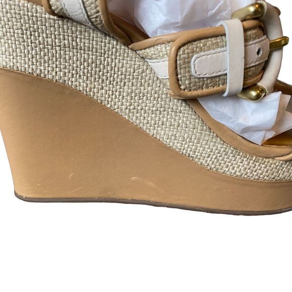 COACH tan and cream woven straw wedge platforms with ankle strap - maralee style - Picture 8 of 11